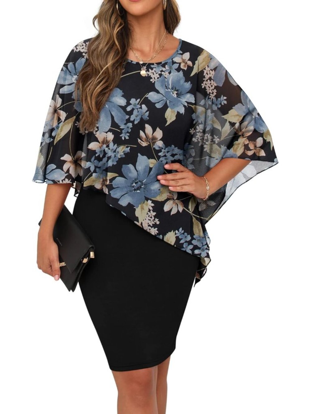 Women's Summer Casual Loose Blue Flower Knee Length Chiffon Flowy Elegant Dress